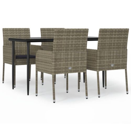 5-Piece Garden Dining Set with Cushions Black Grey Poly Rattan Wicker Outdoor Patio Furniture