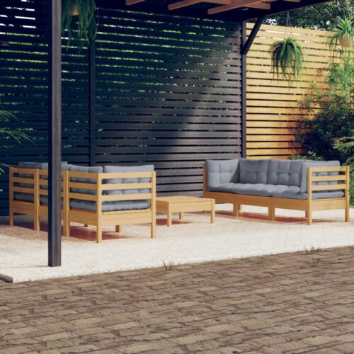 7-Piece Garden Lounge Set with Grey Cushions Pine Wood Outdoor Patio Furniture - Image 10