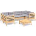 7-Piece Garden Lounge Set with Grey Cushions Pine Wood Outdoor Patio Furniture