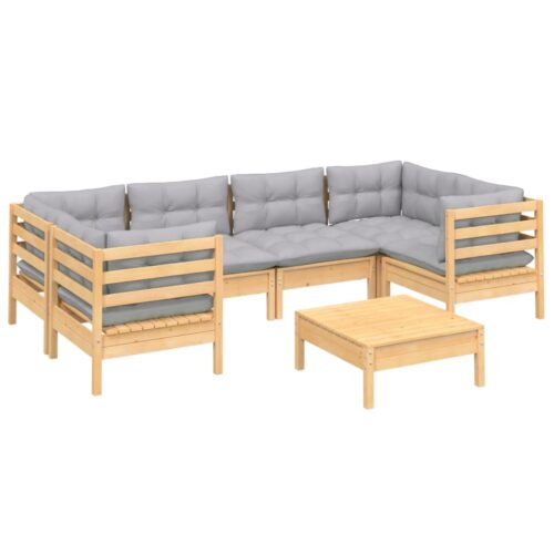 7-Piece Garden Lounge Set with Grey Cushions Pine Wood Outdoor Patio Furniture - Image 8