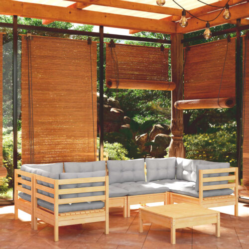 7-Piece Garden Lounge Set with Grey Cushions Pine Wood Outdoor Patio Furniture - Image 9