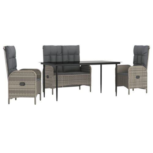4-Piece Garden Dining Set with Cushions Grey Poly Rattan Wicker Outdoor Patio Furniture