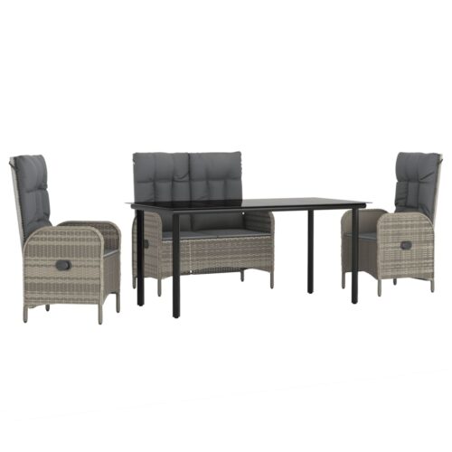 4-Piece Garden Dining Set with Cushions Grey Poly Rattan Wicker Outdoor Patio Furniture