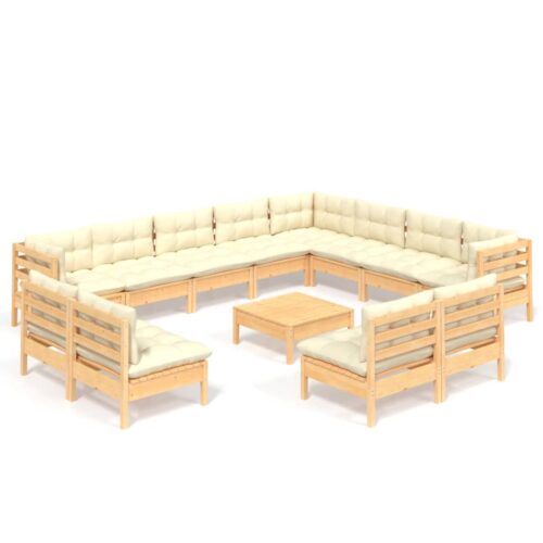 13-Piece Garden Lounge Set with Cream Cushions Pine Wood Outdoor Patio Furniture