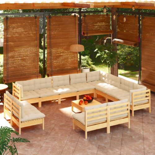 13-Piece Garden Lounge Set with Cream Cushions Pine Wood Outdoor Patio Furniture - Image 9