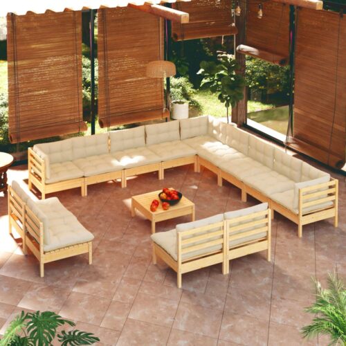 14-Piece Garden Lounge Set with Cream Cushions Pine Wood Outdoor Patio Furniture - Image 9