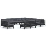 13-Piece Garden Lounge Set with Cushions Black Pine Wood Outdoor Patio Furniture
