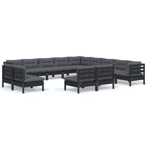 13-Piece Garden Lounge Set with Cushions Black Pine Wood Outdoor Patio Furniture