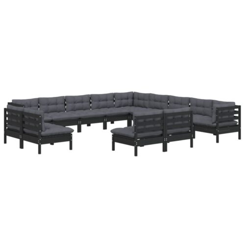 13-Piece Garden Lounge Set with Cushions Black Pine Wood Outdoor Patio Furniture - Image 3