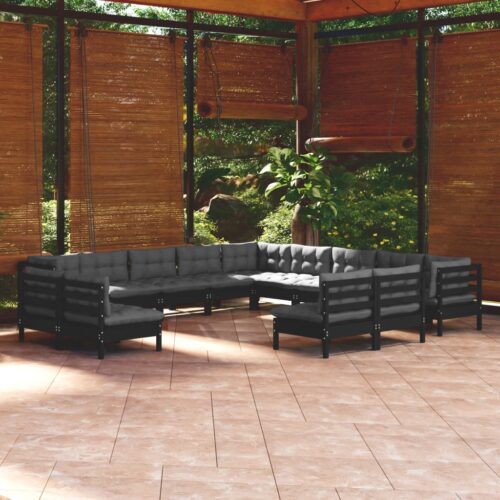 13-Piece Garden Lounge Set with Cushions Black Pine Wood Outdoor Patio Furniture - Image 8