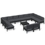 13-Piece Garden Lounge Set with Cushions Black Pine Wood Outdoor Patio Furniture