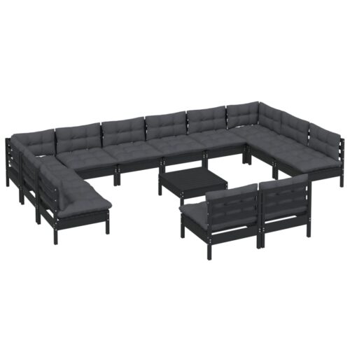 13-Piece Garden Lounge Set with Cushions Black Pine Wood Outdoor Patio Furniture - Image 2