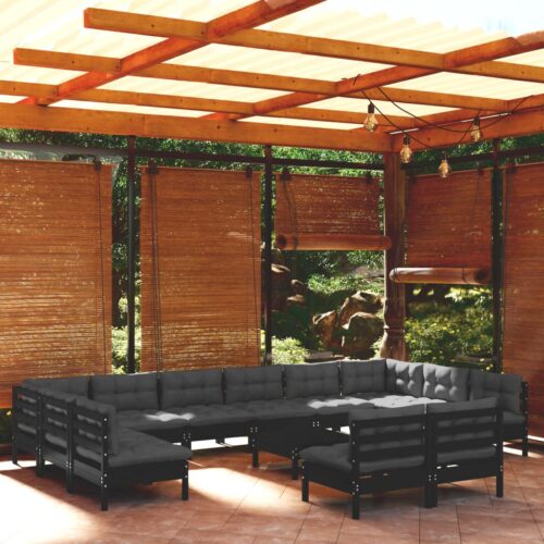 13-Piece Garden Lounge Set with Cushions Black Pine Wood Outdoor Patio Furniture - Image 9
