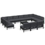 14-Piece Garden Lounge Set with Cushions Black Pine Wood Outdoor Patio Furniture