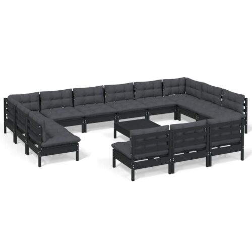 14-Piece Garden Lounge Set with Cushions Black Pine Wood Outdoor Patio Furniture