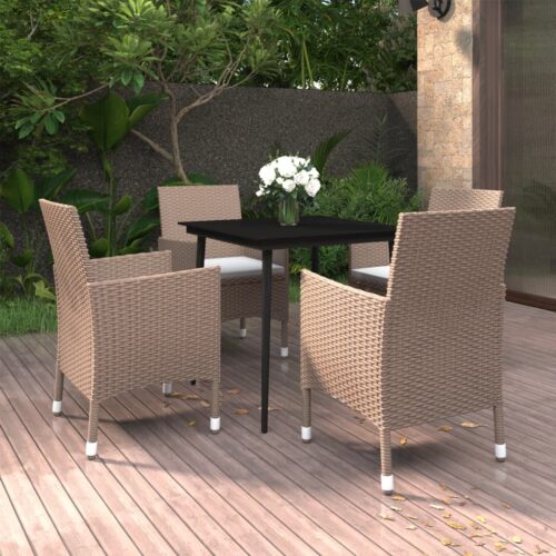 5-Piece Garden Dining Set with Cushions Poly Rattan Wicker Outdoor Patio Furniture Glass - Image 9