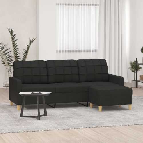 3-Seater Sofa with Footstool Black 180cm Fabric - Image 8