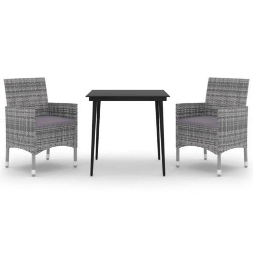 3-Piece Garden Dining Set with Cushions Poly Rattan Wicker Outdoor Patio Furniture Glass