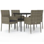 5-Piece Garden Dining Set with Cushions Black Grey Poly Rattan Wicker Outdoor Patio Furniture