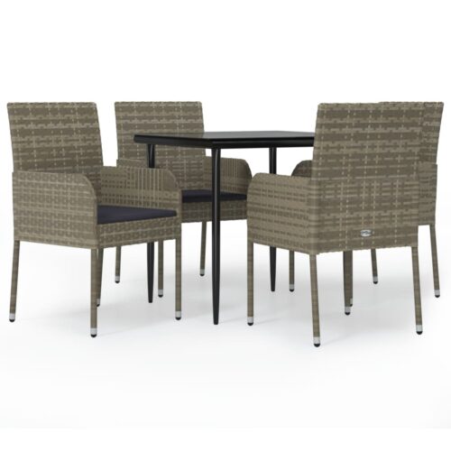 5-Piece Garden Dining Set with Cushions Black Grey Poly Rattan Wicker Outdoor Patio Furniture