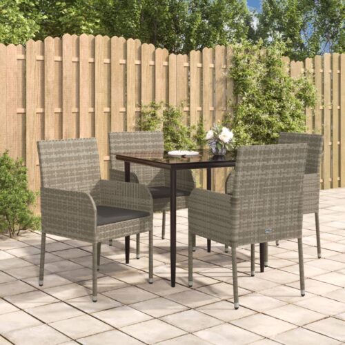 5-Piece Garden Dining Set with Cushions Black Grey Poly Rattan Wicker Outdoor Patio Furniture - Image 10