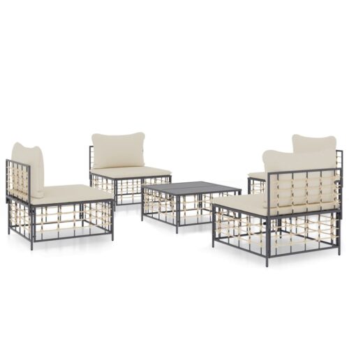 5-Piece Garden Lounge Set with Cushions Anthracite Poly Rattan
