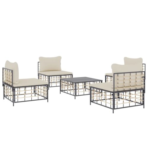 5-Piece Garden Lounge Set with Cushions Anthracite Poly Rattan - Image 2