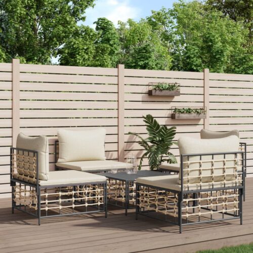 5-Piece Garden Lounge Set with Cushions Anthracite Poly Rattan - Image 8