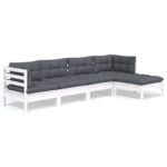 5-Piece Garden Lounge Set with Cushions White Pine Wood Outdoor Patio Furniture
