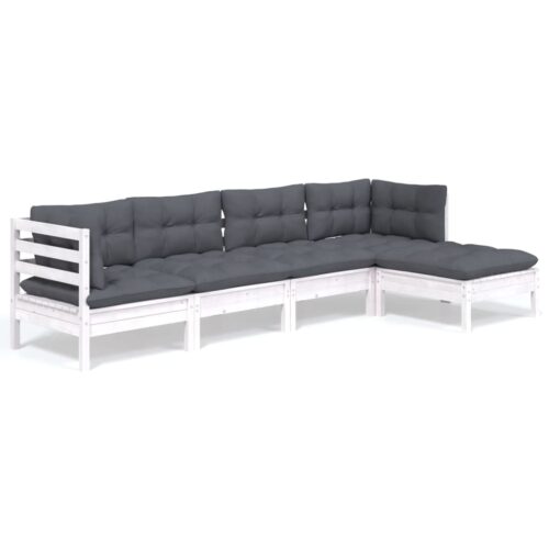 5-Piece Garden Lounge Set with Cushions White Pine Wood Outdoor Patio Furniture