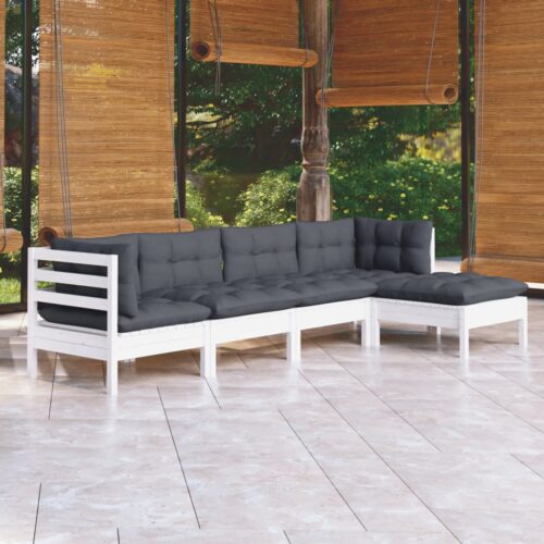 5-Piece Garden Lounge Set with Cushions White Pine Wood Outdoor Patio Furniture - Image 9