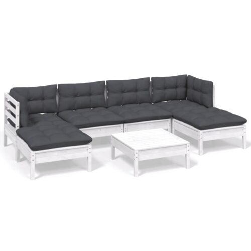 7-Piece Garden Lounge Set with Cushions White Pine Wood Outdoor Patio Furniture