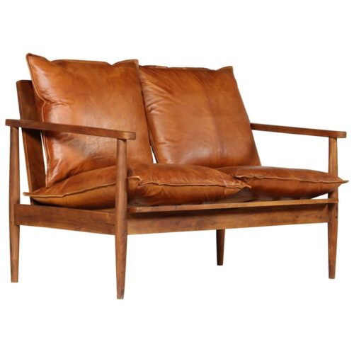 2-Seater Sofa Real Leather with Acacia Wood Brown - Image 2