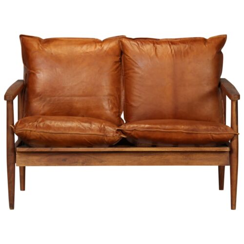 2-Seater Sofa Real Leather with Acacia Wood Brown - Image 4