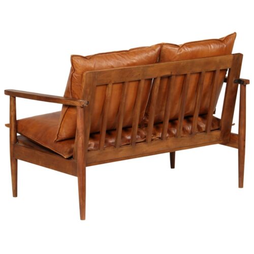 2-Seater Sofa Real Leather with Acacia Wood Brown - Image 5