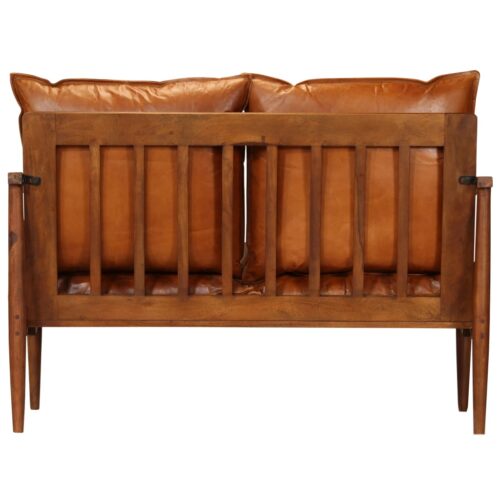 2-Seater Sofa Real Leather with Acacia Wood Brown - Image 6