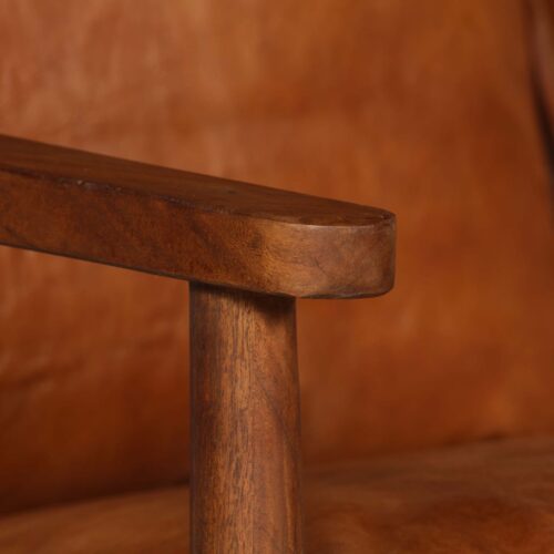 2-Seater Sofa Real Leather with Acacia Wood Brown - Image 8
