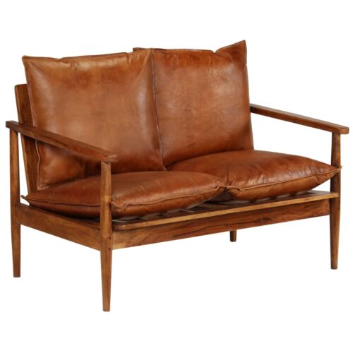2-Seater Sofa Real Leather with Acacia Wood Brown - Image 9