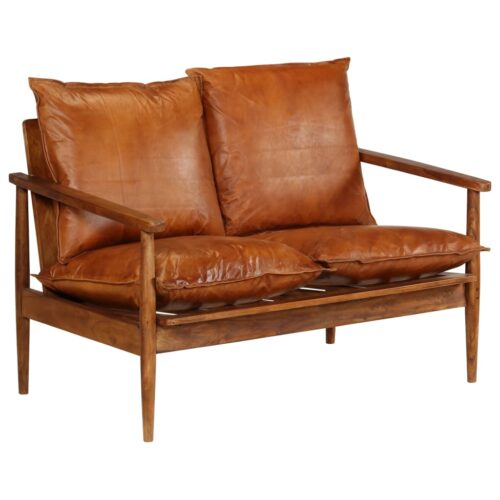 2-Seater Sofa Real Leather with Acacia Wood Brown - Image 11