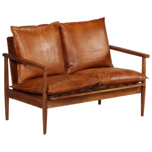 2-Seater Sofa Real Leather with Acacia Wood Brown - Image 12