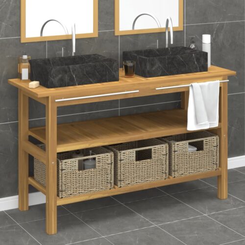 Bathroom Vanity Cabinet with Black Marble Sinks Solid Wood Teak - Image 12