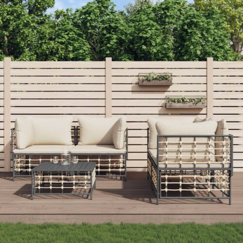 5-Piece Garden Lounge Set with Cushions Anthracite Poly Rattan - Image 8
