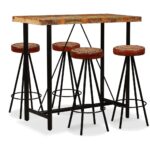 Bar Set 5 Pieces Solid Wood Reclaimed. Genuine Leather Canvas