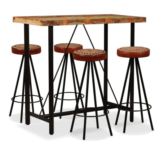 Bar Set 5 Pieces Solid Wood Reclaimed. Genuine Leather Canvas