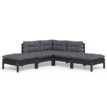 5-Piece Garden Lounge Set with Cushions Black Pine Wood Outdoor Patio Furniture