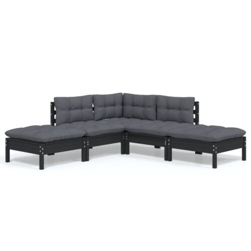 5-Piece Garden Lounge Set with Cushions Black Pine Wood Outdoor Patio Furniture