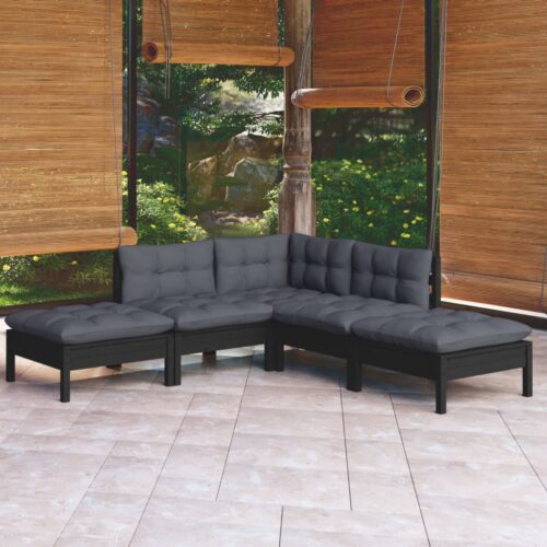 5-Piece Garden Lounge Set with Cushions Black Pine Wood Outdoor Patio Furniture - Image 9