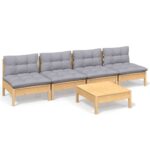 5-Piece Garden Lounge Set with Grey Cushions Pine Wood Outdoor Patio Furniture