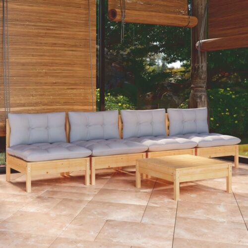 5-Piece Garden Lounge Set with Grey Cushions Pine Wood Outdoor Patio Furniture - Image 10