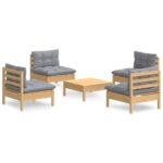 5-Piece Garden Lounge Set with Grey Cushions Pine Wood Outdoor Patio Furniture